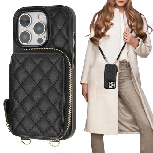 Bocasal Crossbody Wallet Case for iPhone 16 Pro, RFID Blocking PU Leather Zipper Handbag Purse Flip Cover, Kickstand Folio Case with Card Slots Holder Wrist Strap Lanyard 5G 6.3 Inch (Black) - Image 1