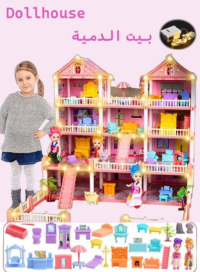 جيرينك بيت الدمى، 4 طوابق، 14 غرفة، منزل قلعة، بيت دمى مصغر واقعي ثلاثي الأبعاد، مجموعة بناء يدوية، بيت الأحلام، بيت دمى تظاهري كبير الحجم، مجموعة ألعاب بيت الدمى للبنات، أفكار هدايا للأطفال الصغار مع تجميع أثاث المطبخ وغرفة النوم والحديقة والحيوانات الأليفة و4 دمى وشريطين إضاءة بلونين، هدية للأعمار من 3 سنوات فما فوق (وردي) - Image 1
