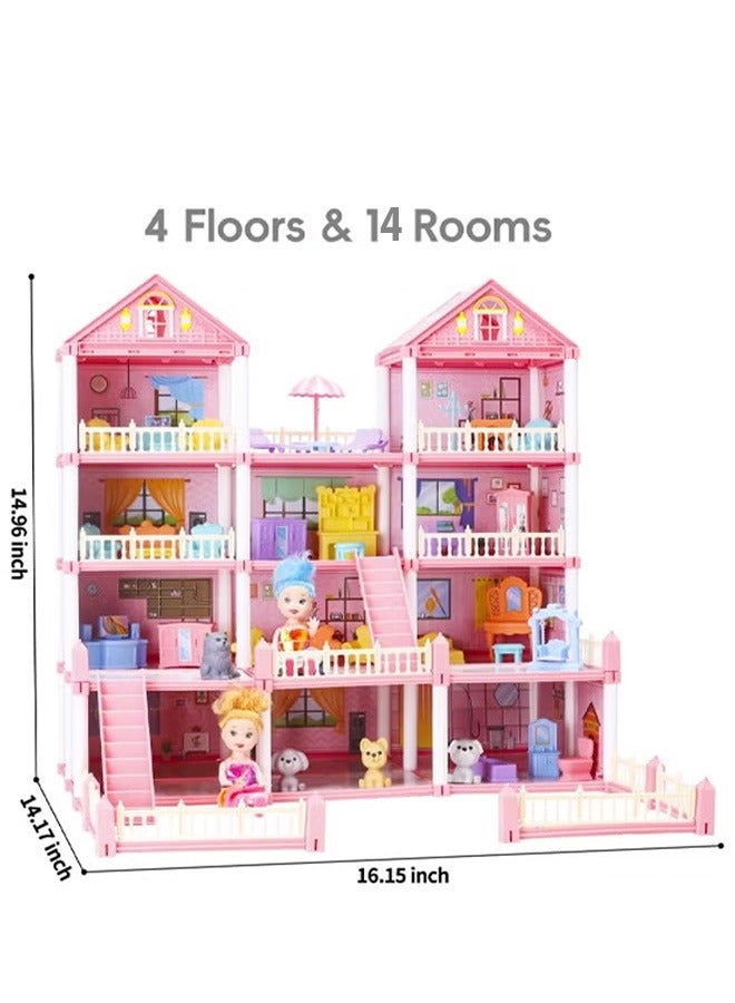 جيرينك بيت الدمى، 4 طوابق، 14 غرفة، منزل قلعة، بيت دمى مصغر واقعي ثلاثي الأبعاد، مجموعة بناء يدوية، بيت الأحلام، بيت دمى تظاهري كبير الحجم، مجموعة ألعاب بيت الدمى للبنات، أفكار هدايا للأطفال الصغار مع تجميع أثاث المطبخ وغرفة النوم والحديقة والحيوانات الأليفة و4 دمى وشريطين إضاءة بلونين، هدية للأعمار من 3 سنوات فما فوق (وردي) - Image 2