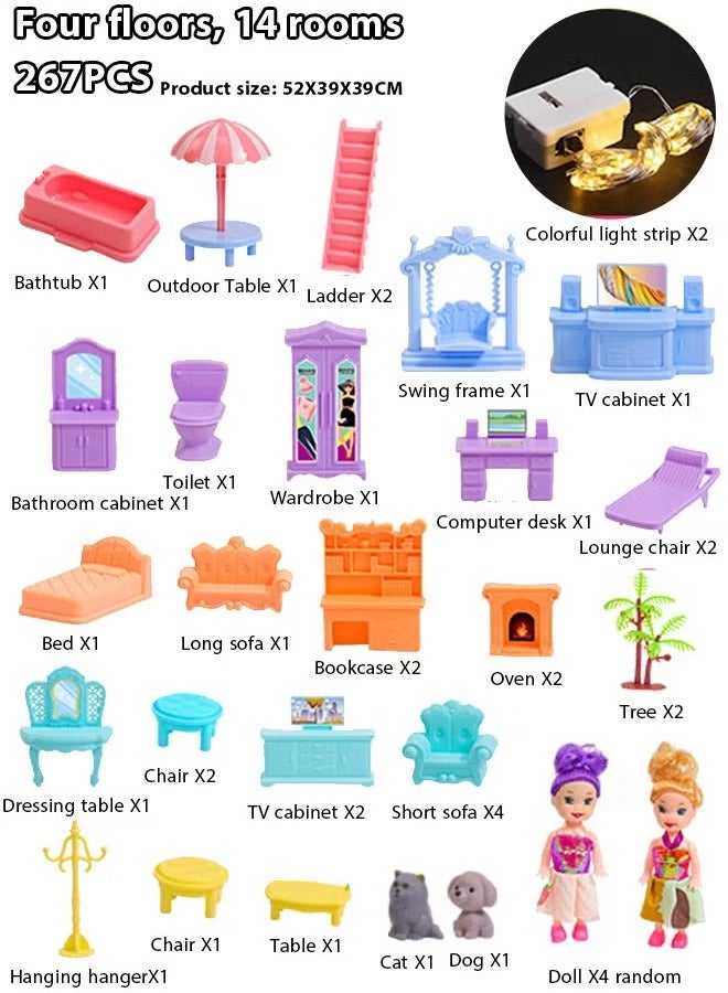 جيرينك بيت الدمى، 4 طوابق، 14 غرفة، منزل قلعة، بيت دمى مصغر واقعي ثلاثي الأبعاد، مجموعة بناء يدوية، بيت الأحلام، بيت دمى تظاهري كبير الحجم، مجموعة ألعاب بيت الدمى للبنات، أفكار هدايا للأطفال الصغار مع تجميع أثاث المطبخ وغرفة النوم والحديقة والحيوانات الأليفة و4 دمى وشريطين إضاءة بلونين، هدية للأعمار من 3 سنوات فما فوق (وردي) - Image 3