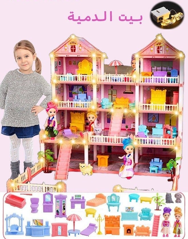 NAYIV Dollhouse, 4 Floors 14 Rooms Castle House, Realistic 3D Craft Miniature Dollhouse, DIY Building Playset, Dream House, Big Size DIY Pretend Play Doll House, Dollhouse Toy Kit for Girls, Toddler DIY Ideas Gifts With Assemble Kitchen Bedroom Furniture Garden Pets 4 Dolls 2 Color Light Strips, Gift for Ages 3+(Pink) - Image 1