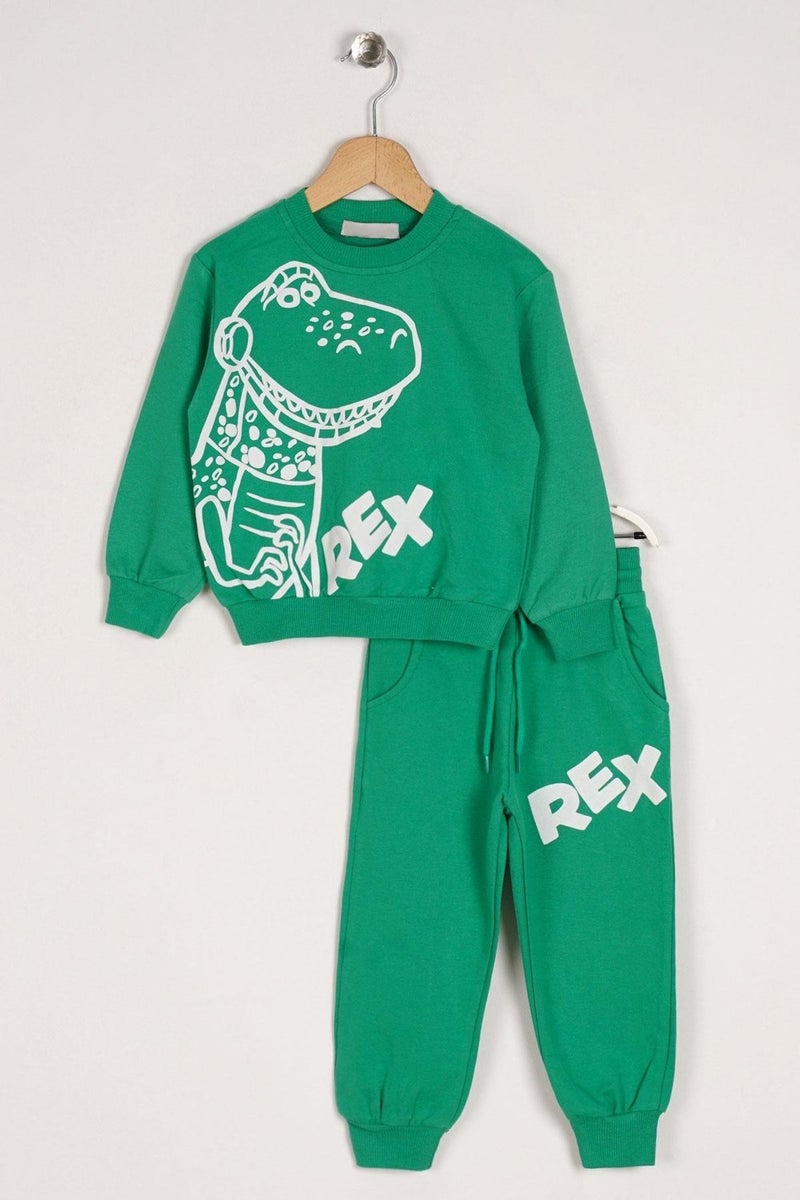 Zepkids Crew Neck Long Sleeve Crocodile Rex Printed Dark Green Color Boy's Two Piece Suit - Image 1