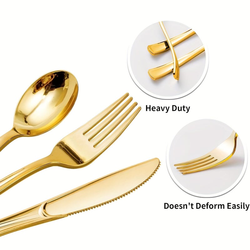 75 Piece Plastic Utensil Set 25 Golden Knives 25 Golden Forks 25 Golden Spoons For Salads Desserts Cakes Pasta Birthday Weddings Holiday Parties - Image 5