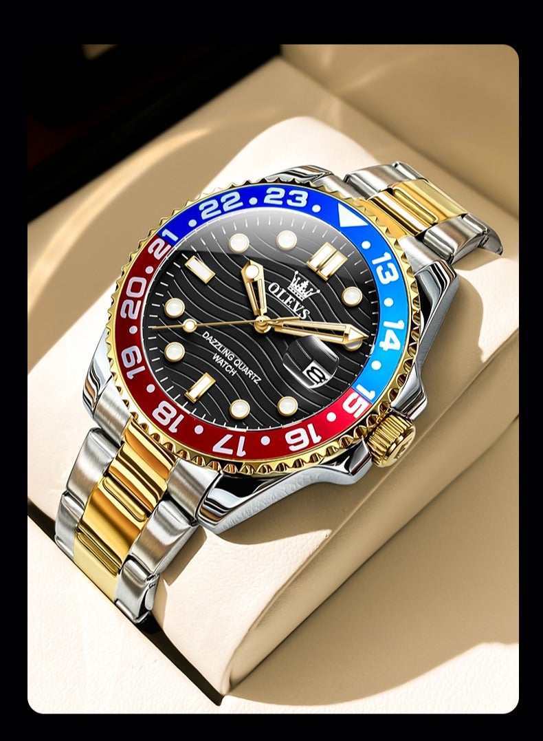 أوليفز ساعة OLEVS كوارتز فاخرة جديدة للرجال بسوار من الفولاذ المقاوم للصدأ وسلسلة غوص وإطار ملون وساعة يد أصلية أنيقة للرجال - Image 1