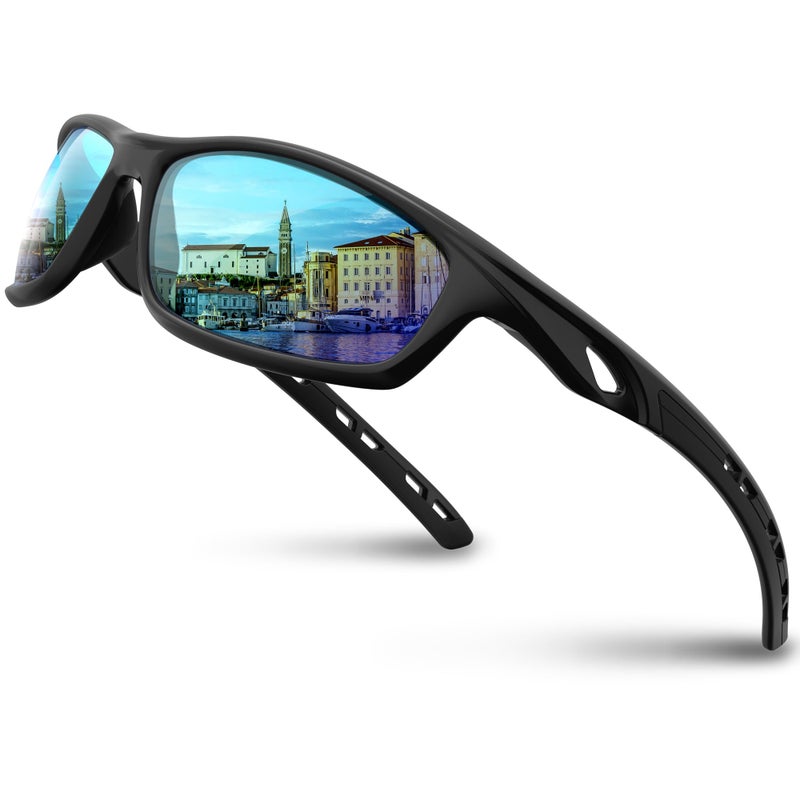 RIVBOS Mens Sunglasses Polarized UV Protection TR90 Unbreakable Frame Sports Driving Fishing Cycling RB833-Black Ice Blue Lens - Image 1