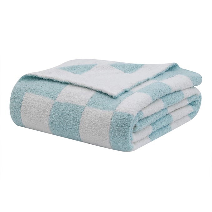 FUZZY CHECKERBOARD GRID THROW BLANKET SOFT COZY WARM MICROFIBER ALL SEASON BLANKET DECOR FOR COUCH SOFA BED TRAVEL HOME BABY BLUE 50X60