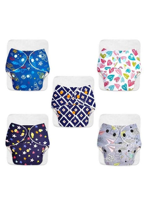 5 Basic Reusable Cloth Diaper For Babies 0 3Y ; Freesize Washable Baby Diapers (With Dry Feel Pad;Insert) ; Assorted