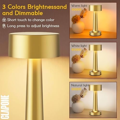 CLAPONE LED Table Lamp – Touch Control with 3 Brightness Levels & 3 Color Modes | Rechargeable Metal Desk Lamp for Bedroom, Nightstand, Living Room, Office & Study Table (Glod, 1 Pcs) - Image 5