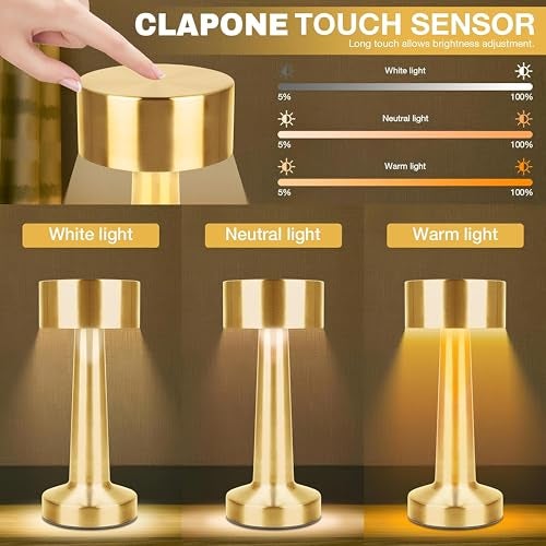CLAPONE LED Table Lamp – Touch Control with 3 Brightness Levels & 3 Color Modes | Rechargeable Metal Desk Lamp for Bedroom, Nightstand, Living Room, Office & Study Table (Glod, 1 Pcs) - Image 3