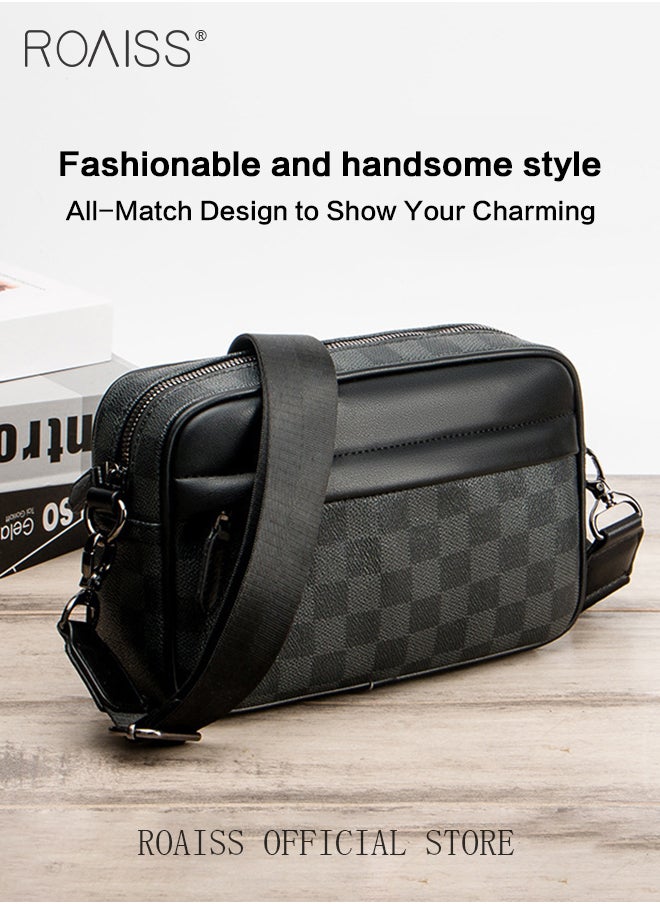 roaiss Plaid Pattern PU Leather Crossbody Bag for Men 5 Pockets Adjustable Strap Waterproof Large Capacity Shoulder Bag Mens Business Commuting Leisure Travel Street Trend Backpack  - Image 3