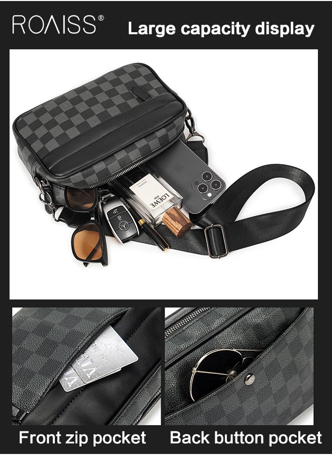 roaiss Plaid Pattern PU Leather Crossbody Bag for Men 5 Pockets Adjustable Strap Waterproof Large Capacity Shoulder Bag Mens Business Commuting Leisure Travel Street Trend Backpack  - Image 2