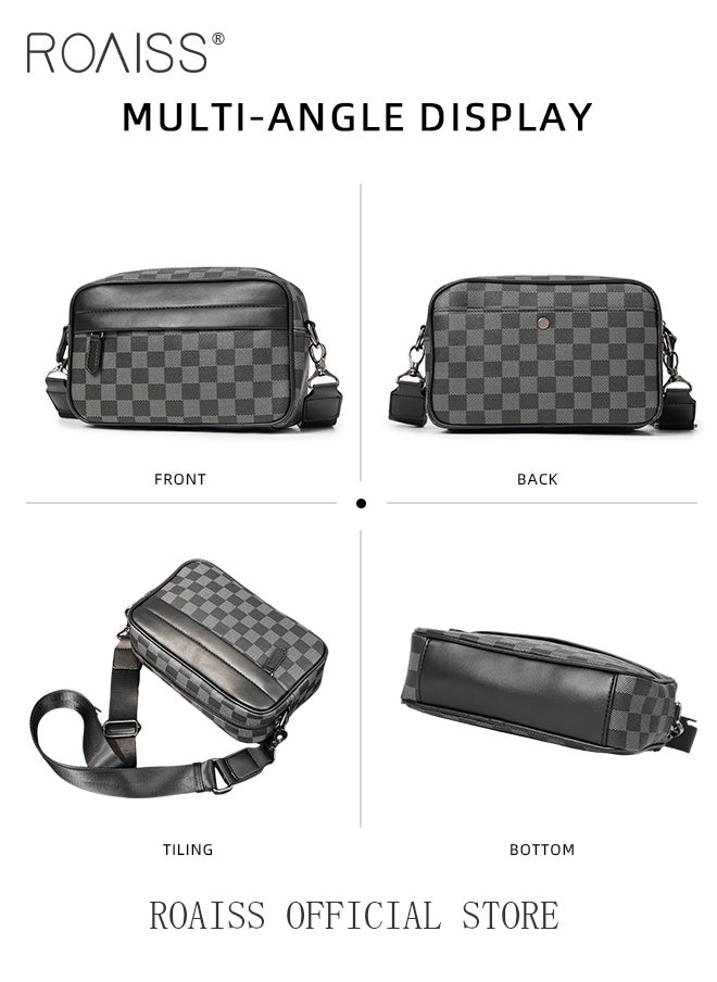 roaiss Plaid Pattern PU Leather Crossbody Bag for Men 5 Pockets Adjustable Strap Waterproof Large Capacity Shoulder Bag Mens Business Commuting Leisure Travel Street Trend Backpack  - Image 5