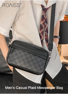 roaiss Plaid Pattern PU Leather Crossbody Bag for Men 5 Pockets Adjustable Strap Waterproof Large Capacity Shoulder Bag Mens Business Commuting Leisure Travel Street Trend Backpack  - Image 4