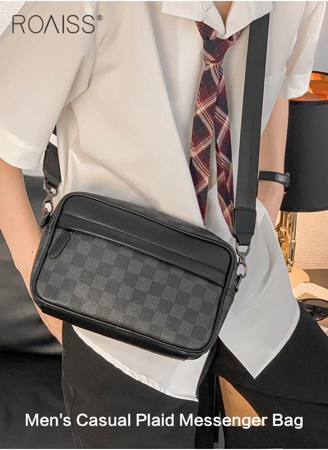 roaiss Plaid Pattern PU Leather Crossbody Bag for Men 5 Pockets Adjustable Strap Waterproof Large Capacity Shoulder Bag Mens Business Commuting Leisure Travel Street Trend Backpack  - Image 4