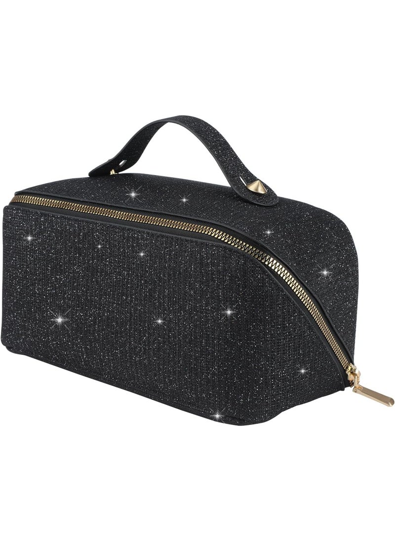 KEYPOWER - KEYPOWER Large Capacity Glitter Sequin Cosmetic Bag Travel Makeup Bag Sparkly and Shiny Portable Toiletry Bag with Handle for Women (Black) - Image 1