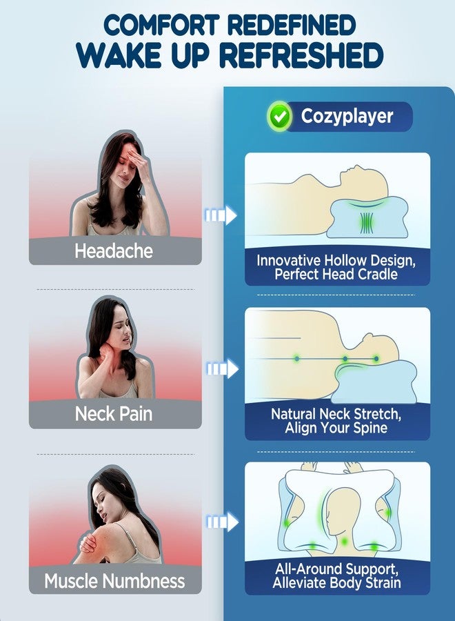 Cozyplayer Effective Pain Relief Cervical Neck Pillow for Sleeping, Ergonomic Cooling Side Sleeper Pillow for Neck Support, Odorless Orthopedic Contour Memory Foam Pillows, Bed Pillow for Back Stomach Sleeper - Image 2