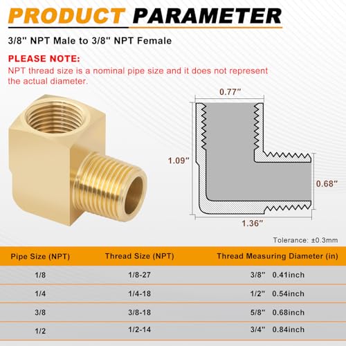 KOOTANS 4pcs 3/8 NPT 90 Degree Barstock Street Elbow Brass Fittings, 3/8" NPT Male to 3/8" NPT Female Thread Elbow Forged Brass Pipe Fitting - Image 2