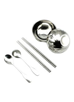 NIBEMINENT 6 Piece Stainless Steel Dinnerware Set For 2 Bowls, Chopsticks And Spoons Silver Bowls 12x6 cm, 22.5 3.8x17x2 cm , Storage Bag 24x14x7.5cm  - Image 1
