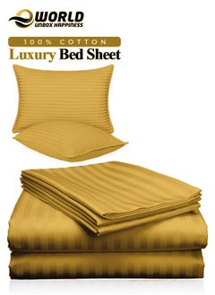 Eworld 3 Piece Luxury Gold Striped Bed Sheet Set with 1 Flat Sheet and 2 Pillowcases for Hotel and Home Crafted from Ultra Soft and Breathable Cotton for Year-Round Comfort, (Single/Double)  - Image 1