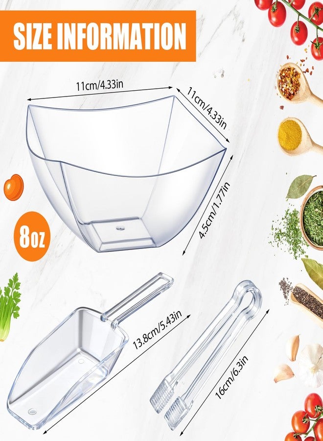 Vesici 48 Pcs 8 oz Clear Plastic Candy Bowls 24 Pcs with 12 Scoops and 12 Tongs Square Dessert Candy Bowl Buffet Containers Disposable Party Ice Cream Salad Dish for Serving Food Appetizers Supplies - Image 2
