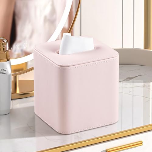 MEIBOOCH PU Leather Tissue Box Cover with Magnetic Closure Square Tissue Box Holder with Rounded Edges Design Pink Square - Image 3