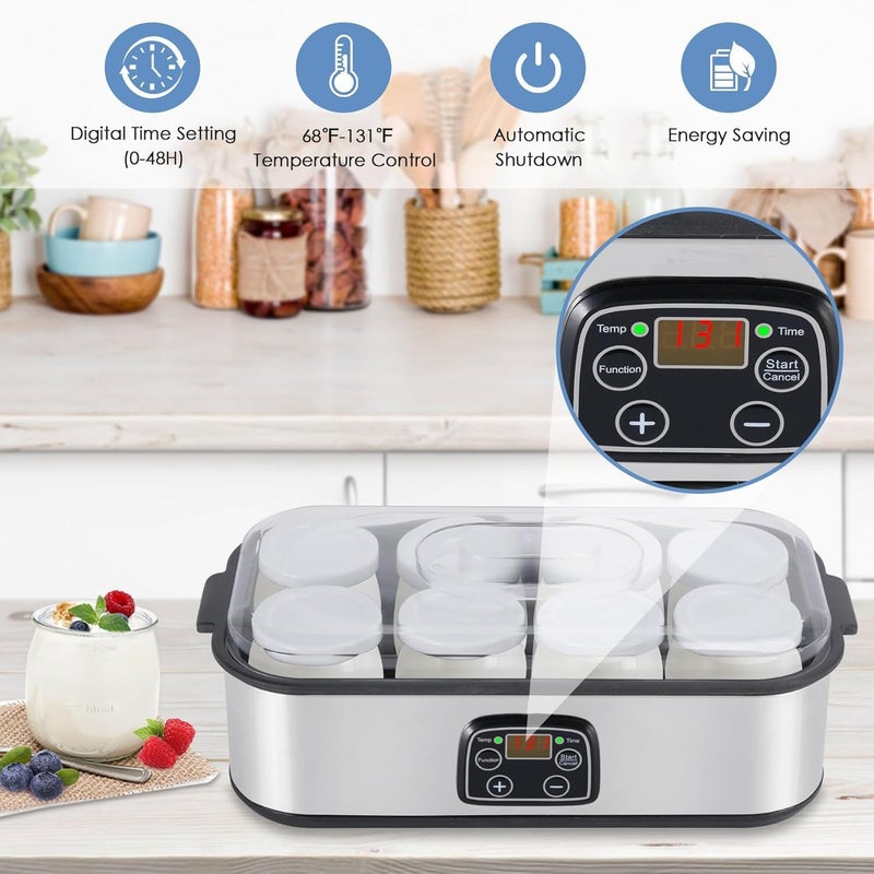 Ankila Yogurt Maker Automatic Digital Yoghurt Maker Machine with 8 Glass Jars 48 Ozs (6Oz Each Jar) LCD Display with Constant Temperature Control Stainless Steel Design for Home Use - Image 4