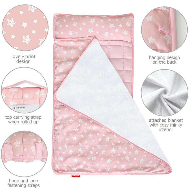 Moonsea Toddler Nap Mat Pink and Fleece Minky Blanket, Lightweight and Soft Perfect for Kids Preschool, Daycare, Travel Sleeping Bag for Girls, 21" x 50" Fit on a Standard Cot - Image 3