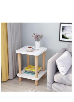 2 Tier End Table, Boho Side Table with Storage Shelf, Nightstand Bedside Table for Small Spaces, Bedroom, Living Room, Entryway, Farmhouse, Easy Assembly, White+Natural (40 * 40 * 53CM)