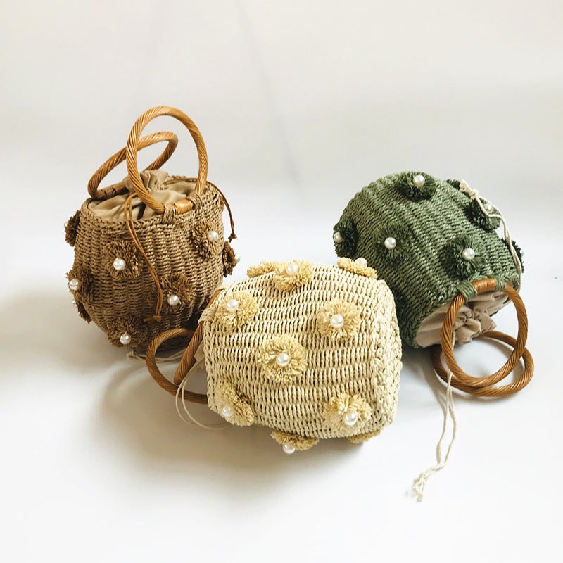 Z New Women'S Bag A Flower Artificial Pearl Decoration R Portable Basket Bag Woven Bag Straw Woven Bag Source Manufacturer - Image 4