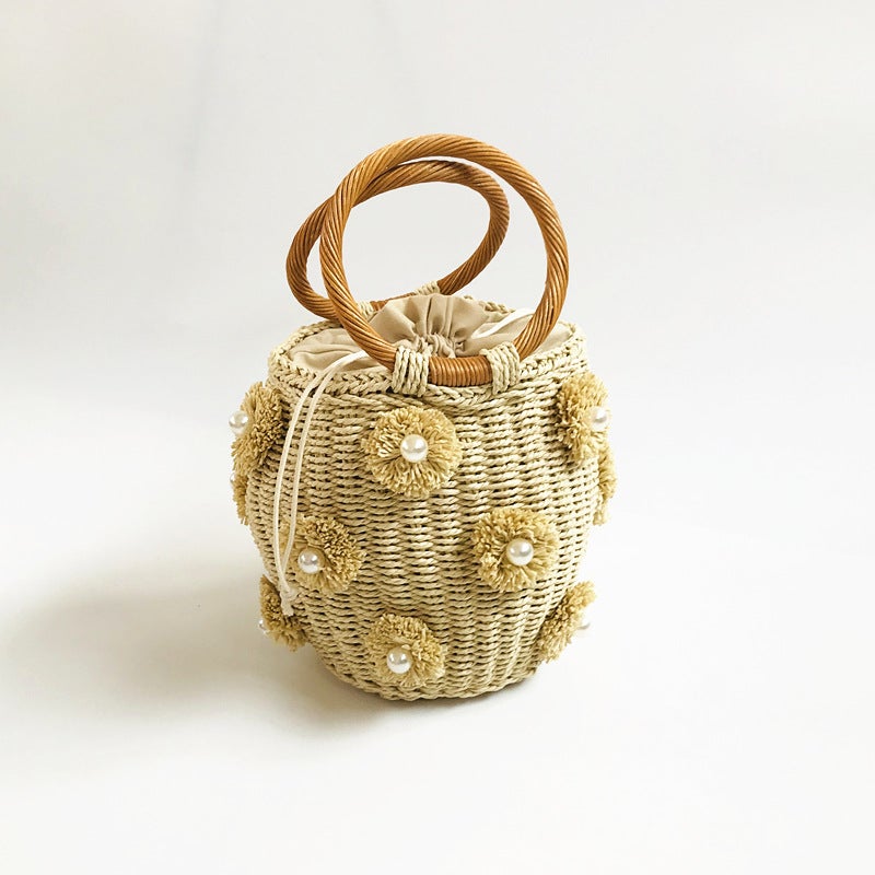 Z New Women'S Bag A Flower Artificial Pearl Decoration R Portable Basket Bag Woven Bag Straw Woven Bag Source Manufacturer - Image 3