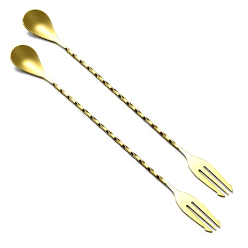 Briout Bar Spoon with Fork, Cocktail Stirrers for Drinks, Stainless Steel, 12" Long Handle, Bar Cocktail Shaker Spoon, Gold, Pack of 2 - Image 1