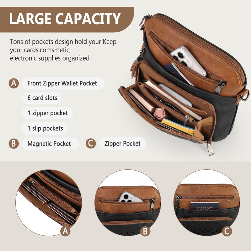 RAINSMORE Crossbody Bags for Women Leather Crossbody Purse Designer Womens Shouler Bags Handbags Trendy Medium Cross Body Purse Travel Work, black&brown - Image 4