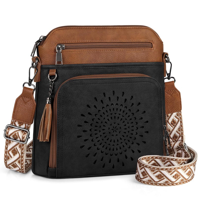 RAINSMORE Crossbody Bags for Women Leather Crossbody Purse Designer Womens Shouler Bags Handbags Trendy Medium Cross Body Purse Travel Work, black&brown - Image 1