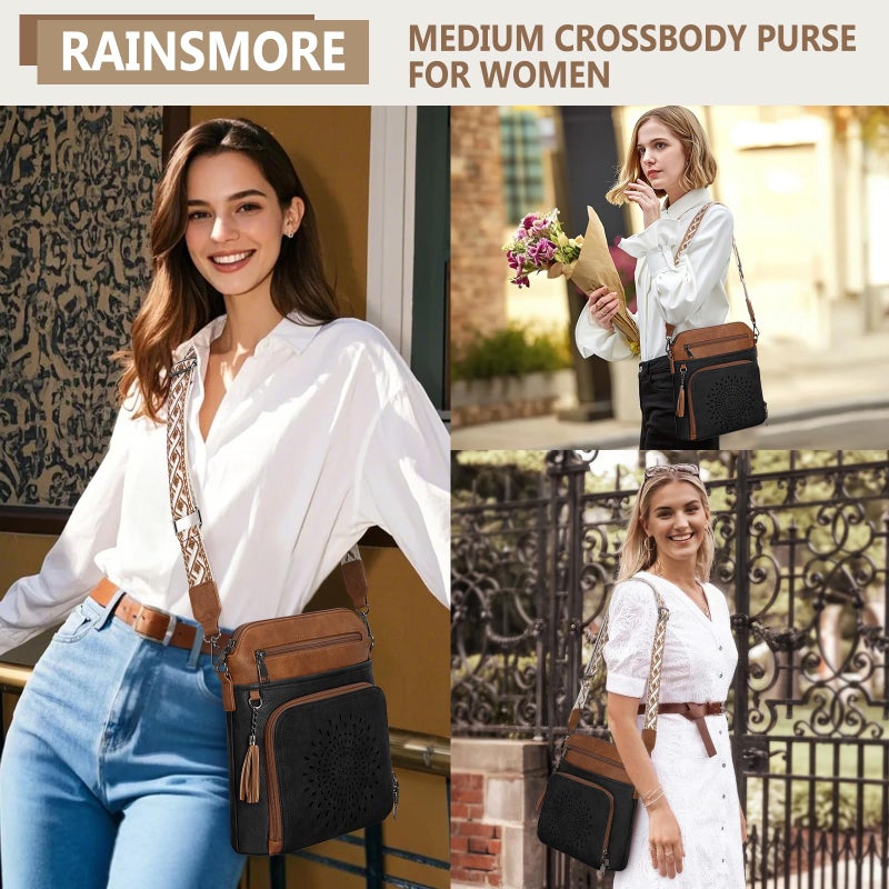 RAINSMORE Crossbody Bags for Women Leather Crossbody Purse Designer Womens Shouler Bags Handbags Trendy Medium Cross Body Purse Travel Work, black&brown - Image 2