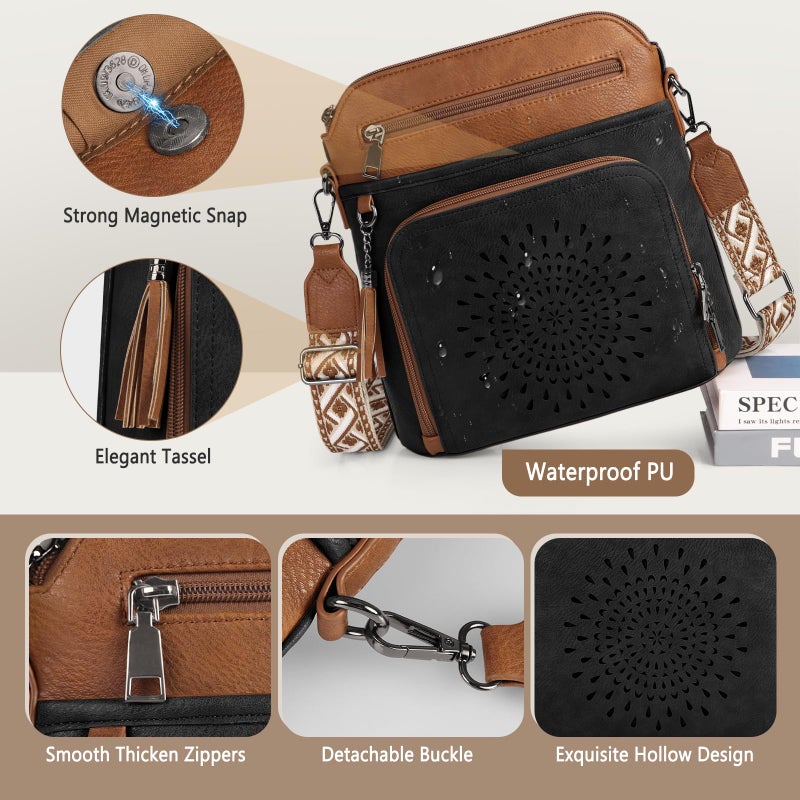 RAINSMORE Crossbody Bags for Women Leather Crossbody Purse Designer Womens Shouler Bags Handbags Trendy Medium Cross Body Purse Travel Work, black&brown - Image 5