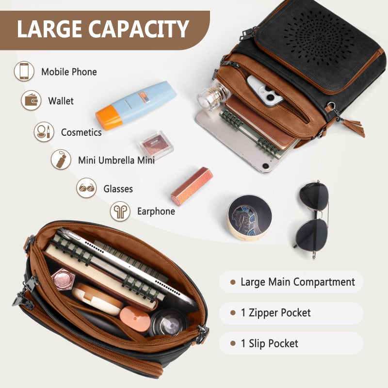 RAINSMORE Crossbody Bags for Women Leather Crossbody Purse Designer Womens Shouler Bags Handbags Trendy Medium Cross Body Purse Travel Work, black&brown - Image 3