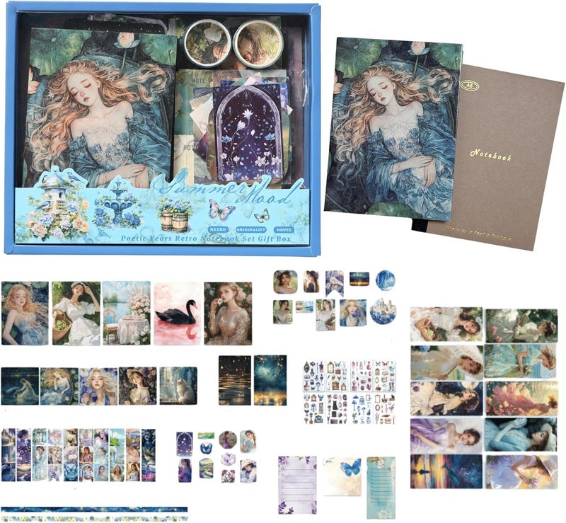 SAMVARDHAN Vintage Aesthetic Paper Scrapbook Kit Scrapbooking Supplies Kit with Bullet Junk Journal,Stationery, A6 Grid Notebook Journaling (Pack of 124) (Summer Mood) - Image 1