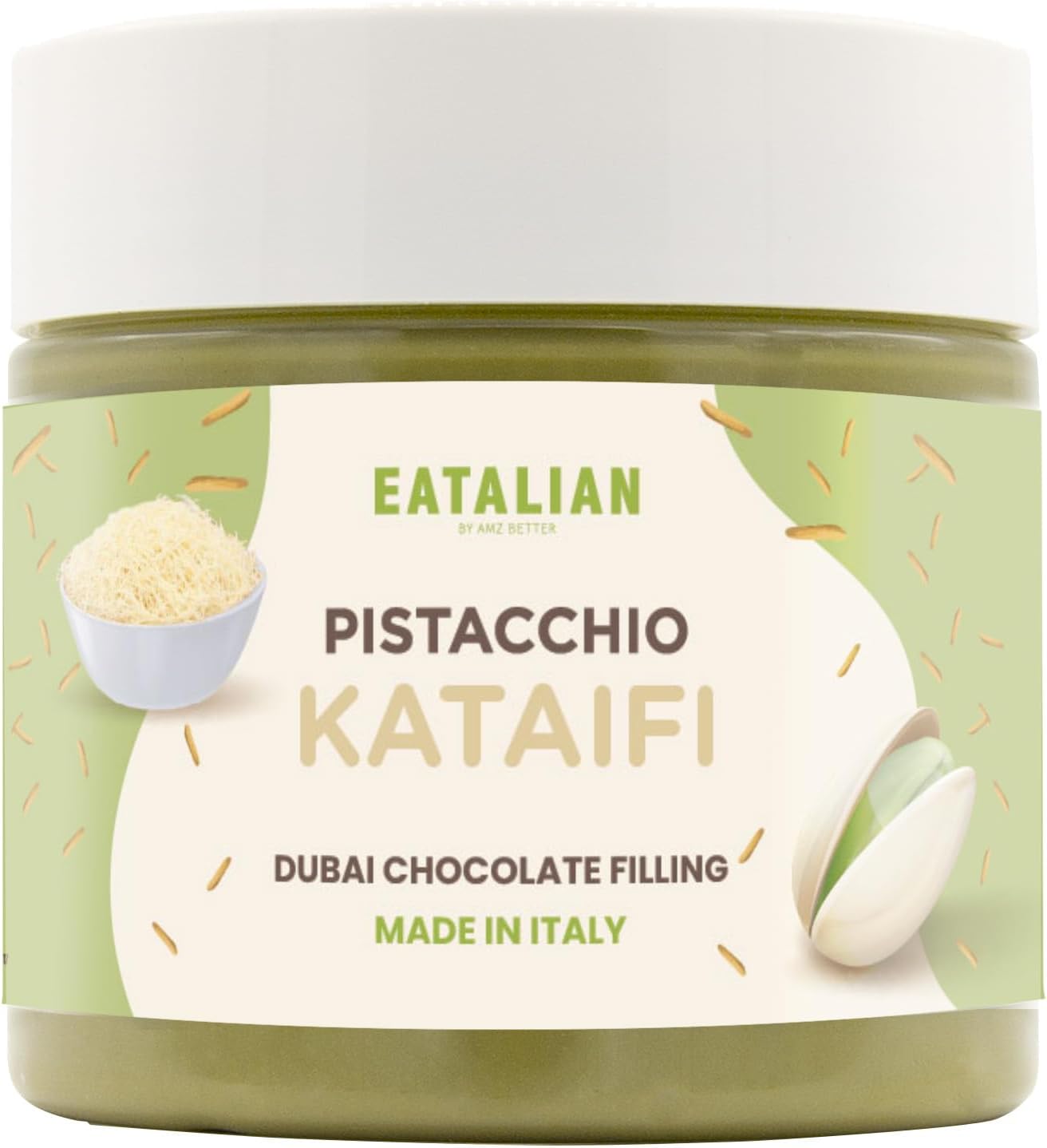 AMZ BETTER EATALIAN by AMZ BETTER Pistachio Cream with Kataifi 7oz/200 gr, Delicious Spreadable with a Unique Taste, Ideal on Bread, Perfect with Ice Cream, Chocolate and Dubai Chocolate, Made in Ital