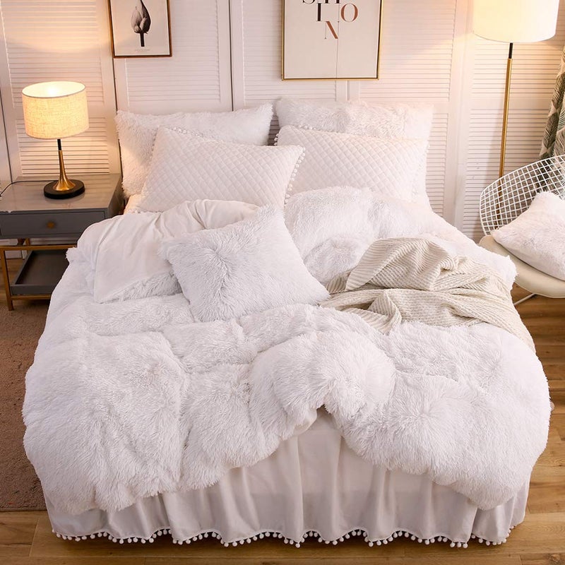 LIFEREVO LIFEREVO Luxury Plush Shaggy Duvet Cover Set Soft Fluffy Furry Duvet Cover Set1 Faux Fur Fuzzy Comforter Cover  1 Pom Poms Velvet Pillow Case Solid Bedding Set Zipper ClosureTwinTwin XLWhite 