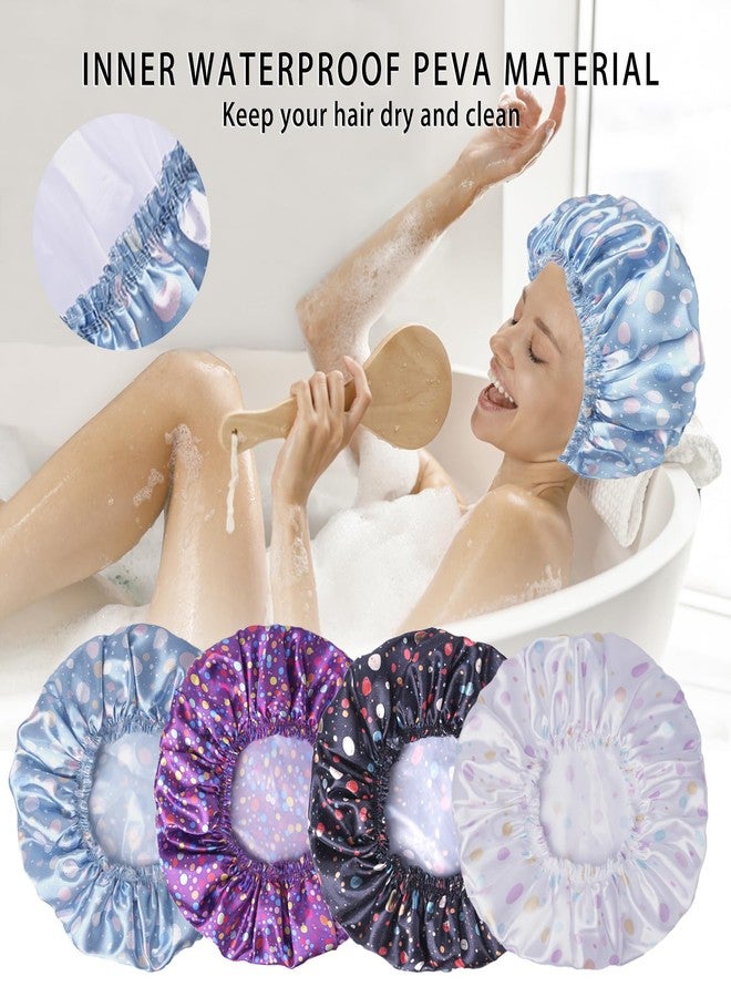 CHFONG Shower Caps for Women, 4 PCS Elastic and Reusable Bath Caps, Double Layers Shower Cap Reusable Waterproof, Bathing Shower Caps, Environmental Bath Hair Protection Cap - Polka Dots - Image 3