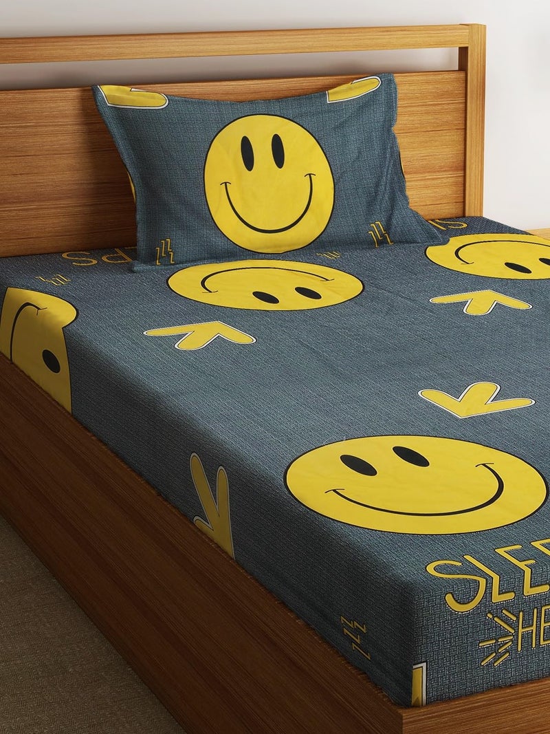 Fashion String 144 TC Microfibre Yellow Smiley Single Bedsheet with 1 Pillow Cover - Image 3