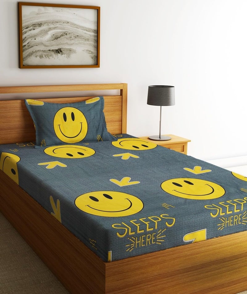 Fashion String 144 TC Microfibre Yellow Smiley Single Bedsheet with 1 Pillow Cover - Image 1