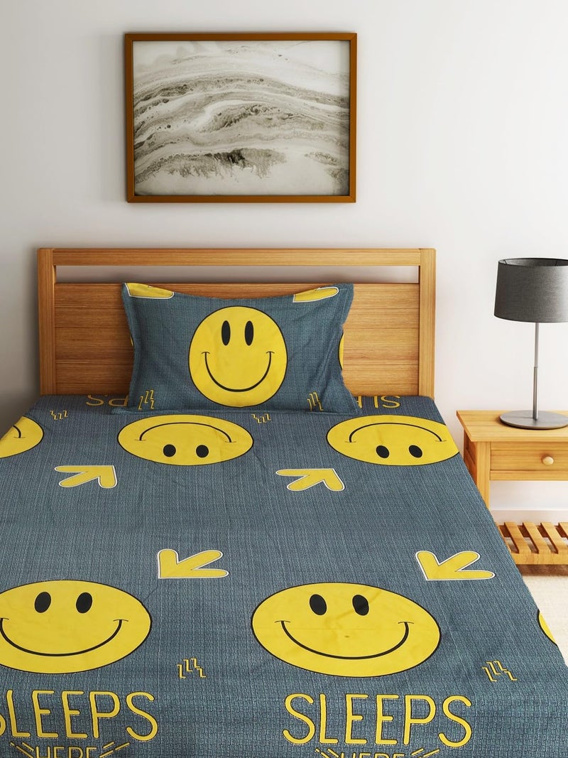 Fashion String 144 TC Microfibre Yellow Smiley Single Bedsheet with 1 Pillow Cover - Image 2