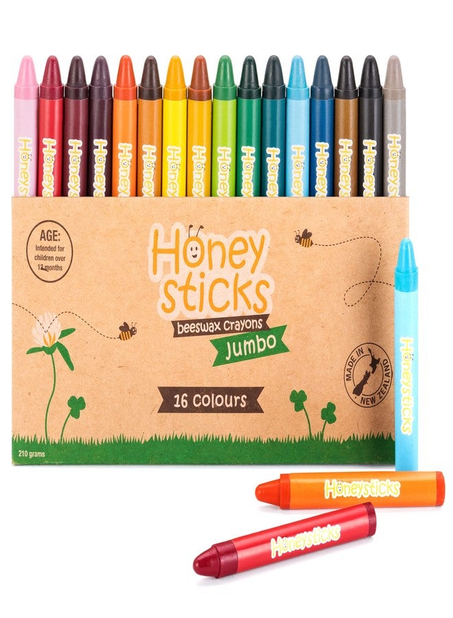 Honeysticks Jumbo Crayons (16 Pack) - Non Toxic Crayons - 100% Pure Beeswax and Food Grade Colors - 16 Bright Colors - Large, Easy to Hold and Use - Preschool Art Supplies for Toddlers/Kids 3-5, 4-8 - Image 1