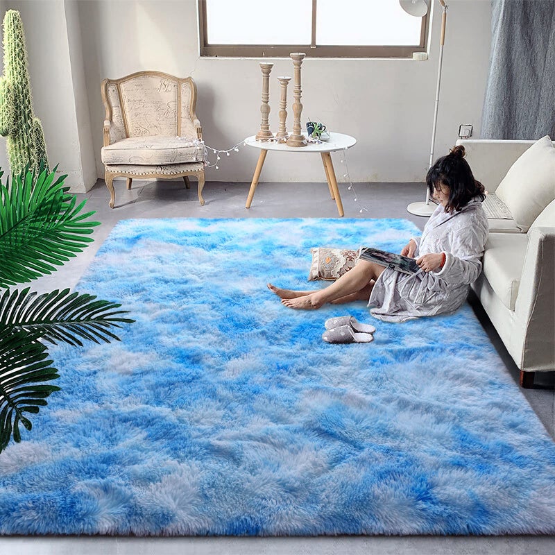 DweIke Fluffy Blue Shag Rugs for Bedroom Living Room 3x5 Feet Soft Plush TieDyed Light SkyBlue Girls Boys Kids Rug Upgraded NonSlip and Machine Washable Carpet for Dorm Nursery Classroom Decor
