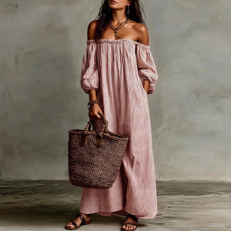 Women's Off-Shoulder Striped Loose Fit Dress - Image 2