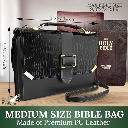 DEHITE Bible Cover Case for Women – Bible Carrying Bag Large Size – Fits Book 9.8 x 7.4 x 1.9 IN – Pen Slots – Zippered Pocket – Shoulder Strap – Premium PU Leather – Croco Black Christian Gift - Image 2
