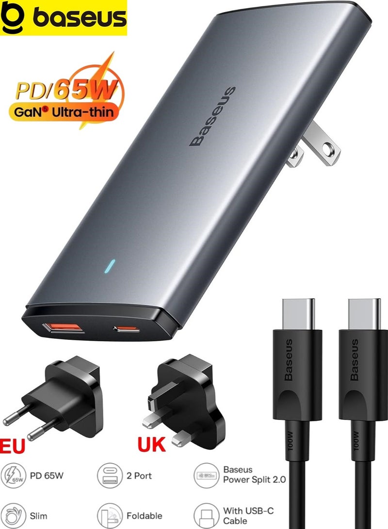 بيسوس شاحن سريع فائق النحافة 65 واط GaN5 USB-C، محول سفر مسطح مزدوج المخرج مع مقابس الإمارات/المملكة المتحدة/الاتحاد الأوروبي/الولايات المتحدة وكابل USB-C بقوة 100 واط، شاحن طاقة مدمج لجهاز MacBook Pro/Air، iPad Pro/Air، iPhone 16–11 Series، Samsung S25–S22 Ultra، Steam Deck، أجهزة الكمبيوتر المحمولة والمزيد - Image 1