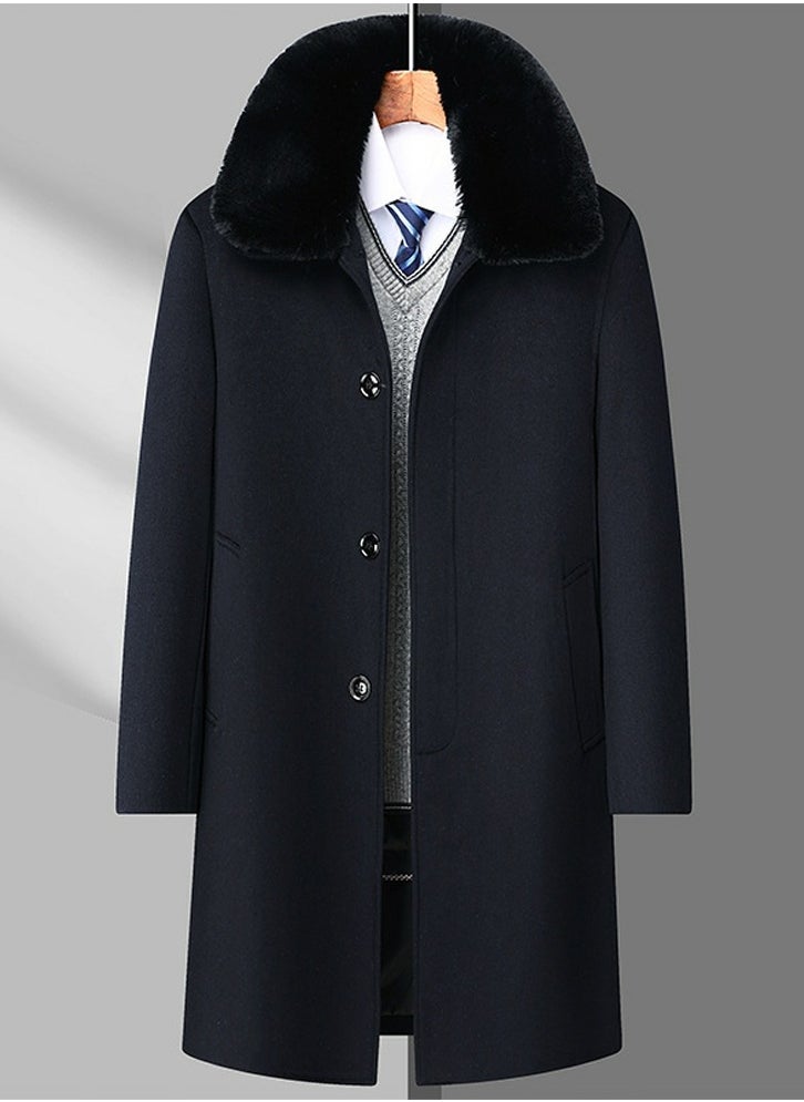 Loquat - Men's Woolen Casual Coat Slim Fit Long Jacket Overcoat With Detachable Down Inner Linning And Fur Collar Navy Blue - Image 1
