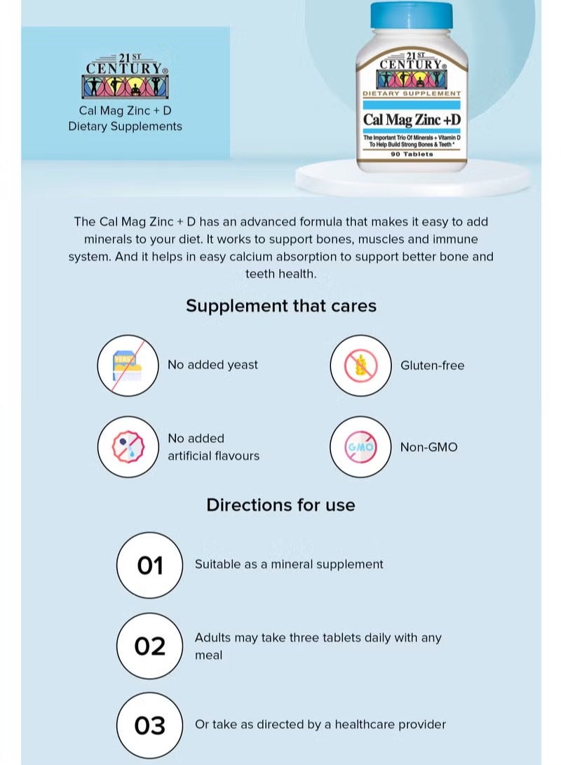 21st Century Calcium Magnesium Zinc + D3 Tablets 90'S - Image 3